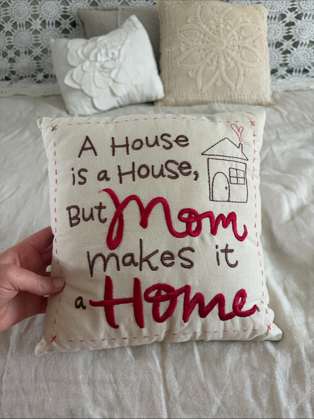 Embroidered "Mom Makes it Home" Accent Pillow - Cream & Red
